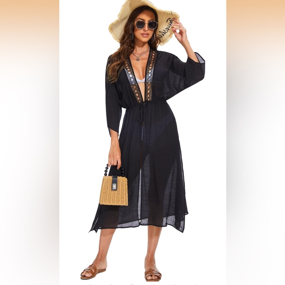 Moss Rose Women's Long Beach Maxi Open Front Lace Swimsuit Kimono Cover Up XL